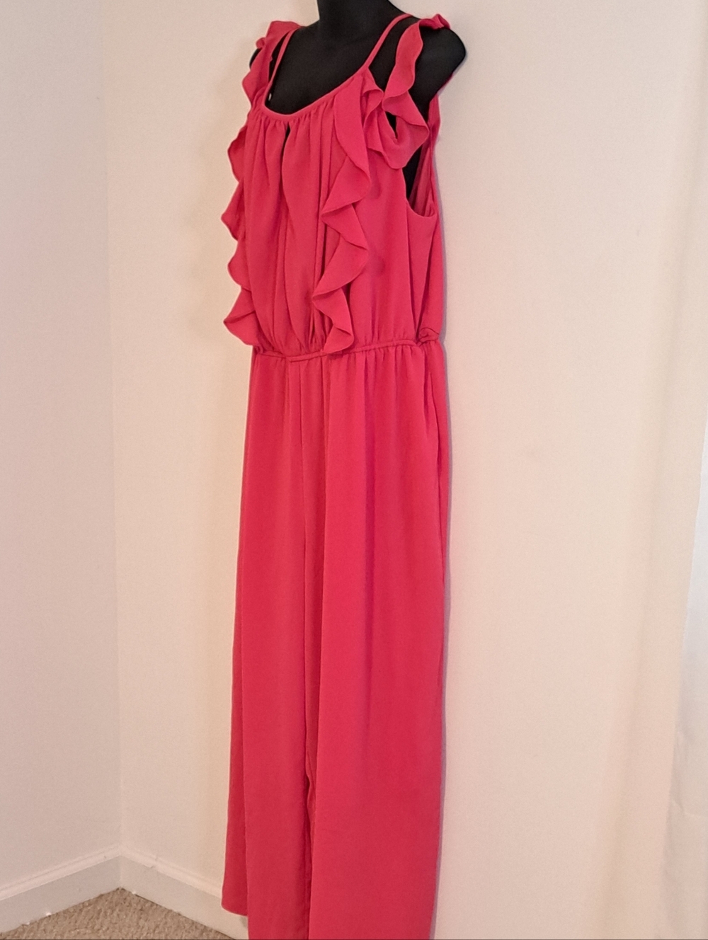 Lane Bryant Coral Wide-Leg Ruffle Front Accent Cold Shoulder Jumpsuit Size 22 - Picture 8 of 11